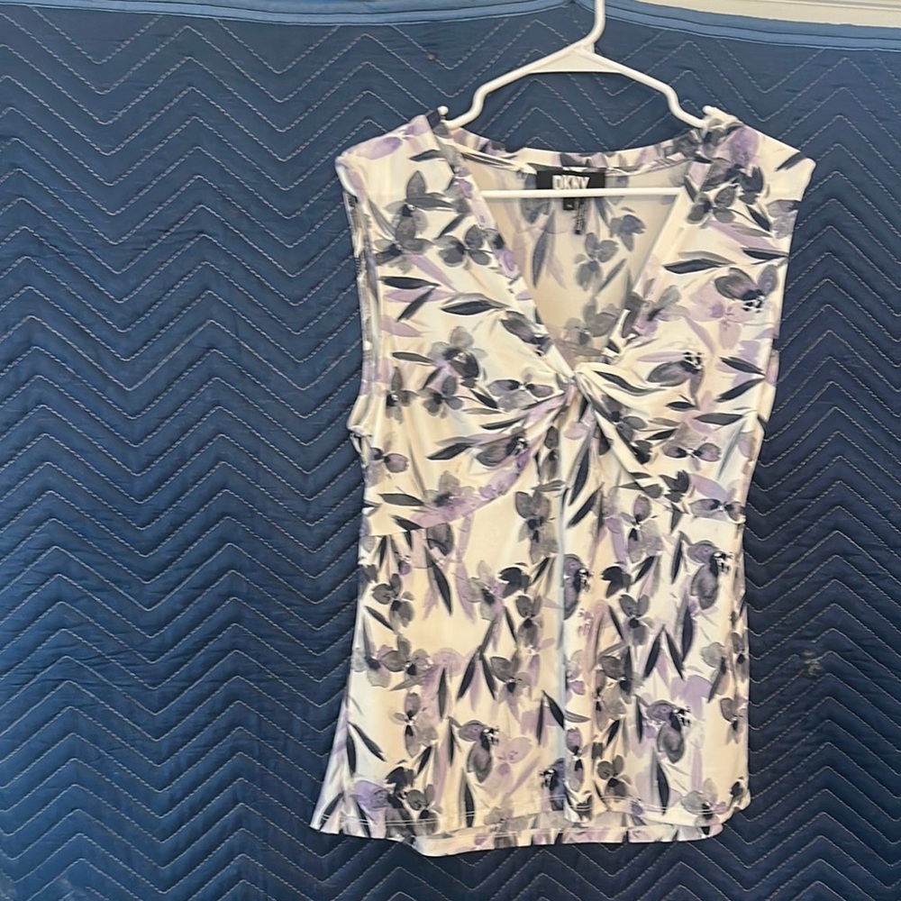 DKNY Blue and Gray Sleeveless Ruched Blouse